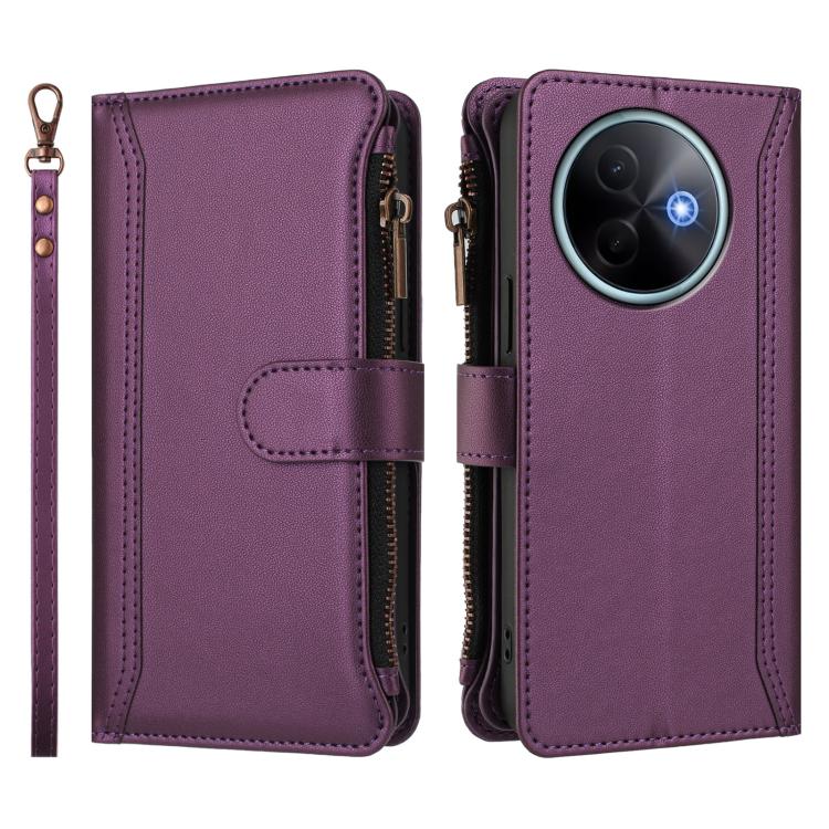 For vivo Y39 5G Global Magnetic Closure 9 Card Slots Zipper Leather Case with Hand Strap