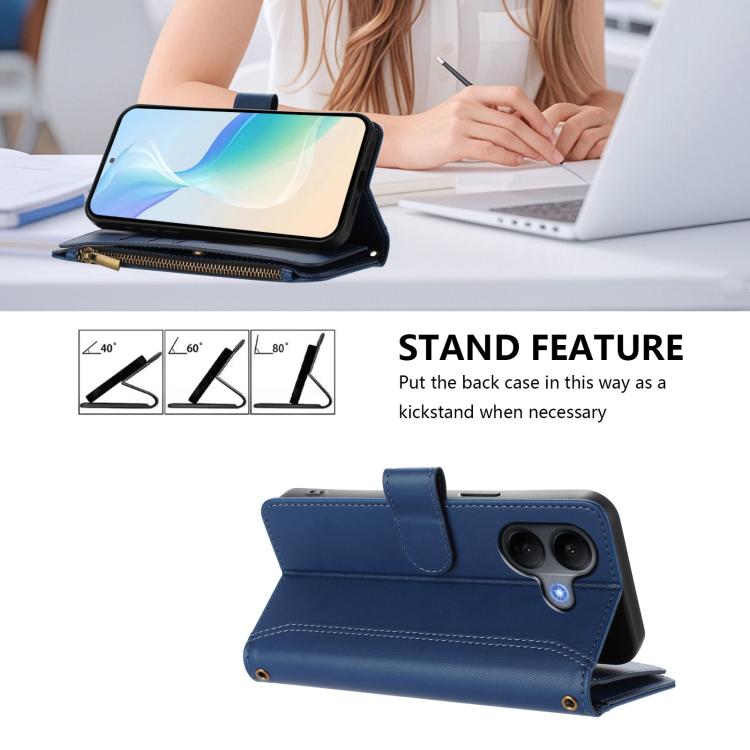 For vivo V60 Lite 5G Global Magnetic Closure 9 Card Slots Zipper Leather Case with Hand Strap