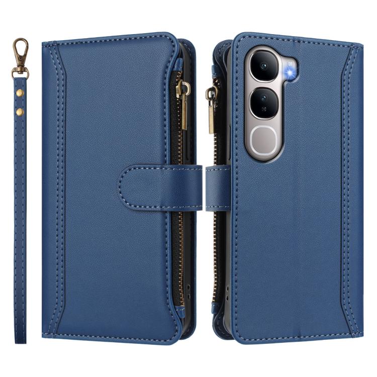 For vivo Y31 5G Global Magnetic Closure 9 Card Slots Zipper Leather Case with Hand Strap