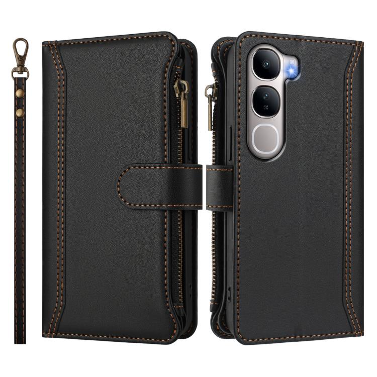 For vivo Y31 5G Global Magnetic Closure 9 Card Slots Zipper Leather Case with Hand Strap