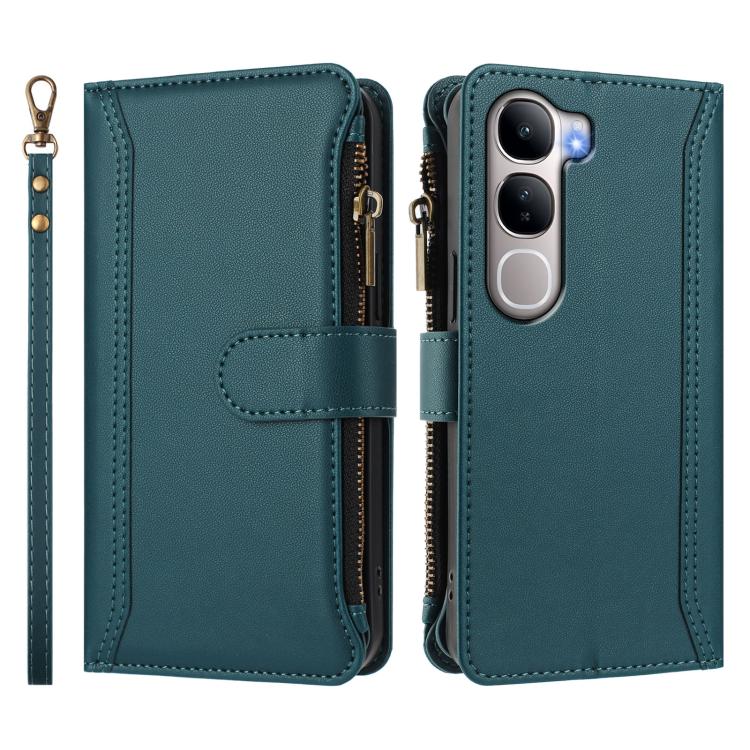For vivo Y31 5G Global Magnetic Closure 9 Card Slots Zipper Leather Case with Hand Strap