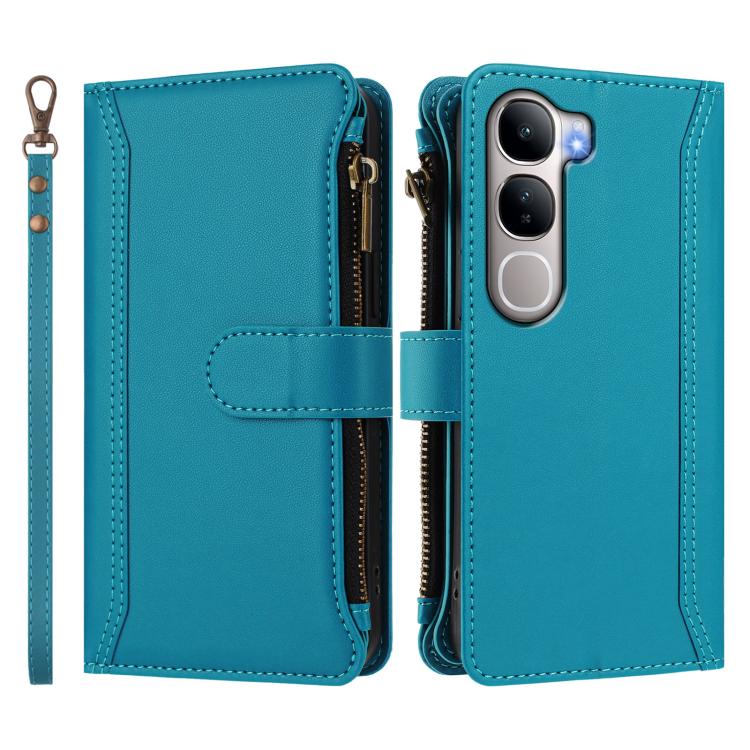 For vivo Y31 5G Global Magnetic Closure 9 Card Slots Zipper Leather Case with Hand Strap