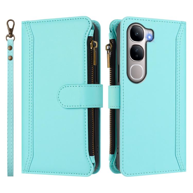 For vivo Y31 5G Global Magnetic Closure 9 Card Slots Zipper Leather Case with Hand Strap