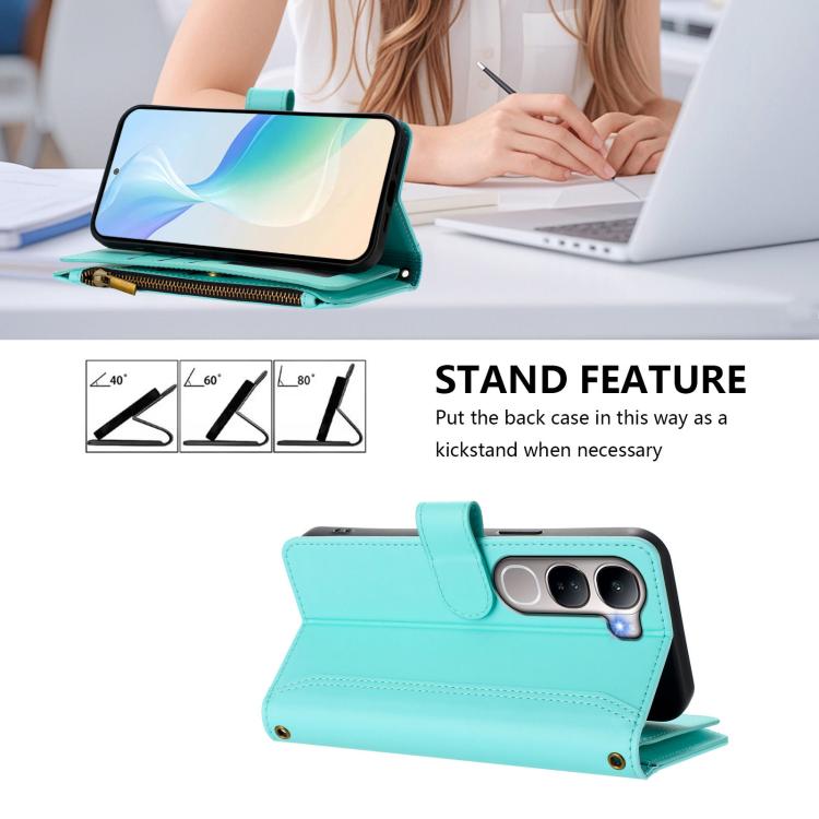 For vivo Y31 5G Global Magnetic Closure 9 Card Slots Zipper Leather Case with Hand Strap
