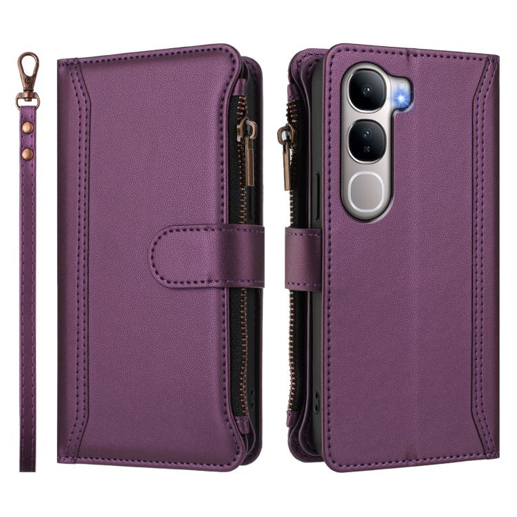 For vivo Y31 5G Global Magnetic Closure 9 Card Slots Zipper Leather Case with Hand Strap