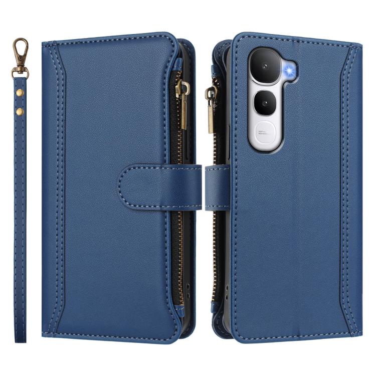 For vivo Y400 4G Magnetic Closure 9 Card Slots Zipper Leather Case with Hand Strap