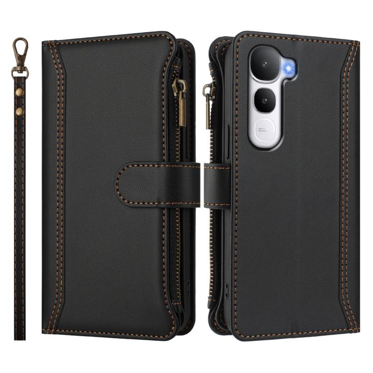 For vivo Y400 4G Magnetic Closure 9 Card Slots Zipper Leather Case with Hand Strap
