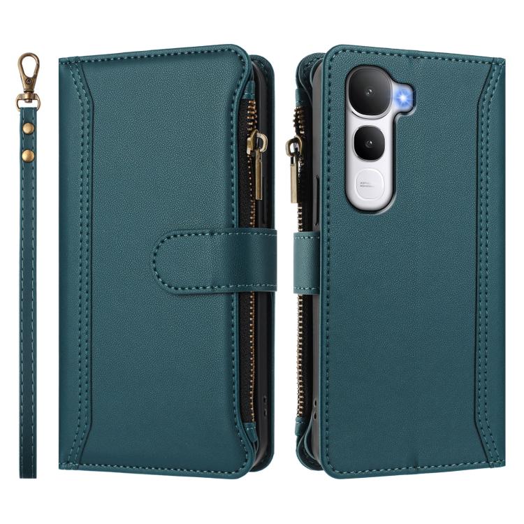 For vivo Y400 4G Magnetic Closure 9 Card Slots Zipper Leather Case with Hand Strap