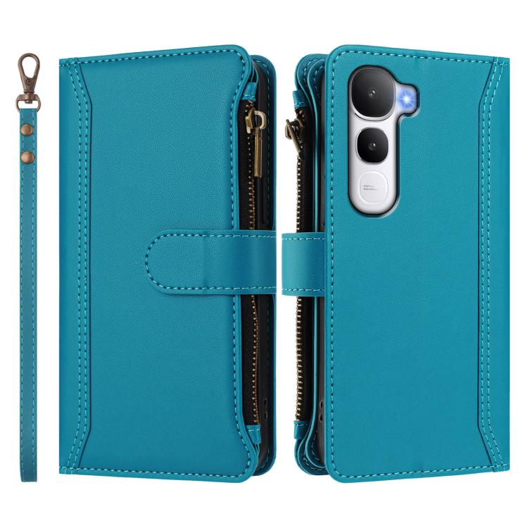 For vivo Y400 4G Magnetic Closure 9 Card Slots Zipper Leather Case with Hand Strap