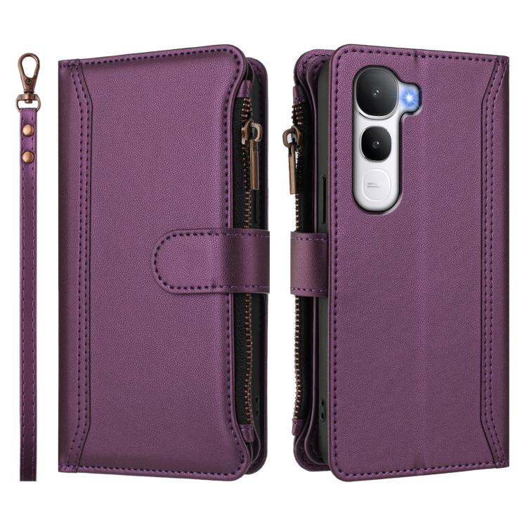 For vivo Y400 4G Magnetic Closure 9 Card Slots Zipper Leather Case with Hand Strap