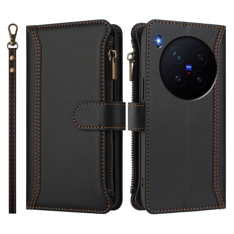 For vivo X300 Magnetic Closure 9 Card Slots Zipper Leather Case with Hand Strap