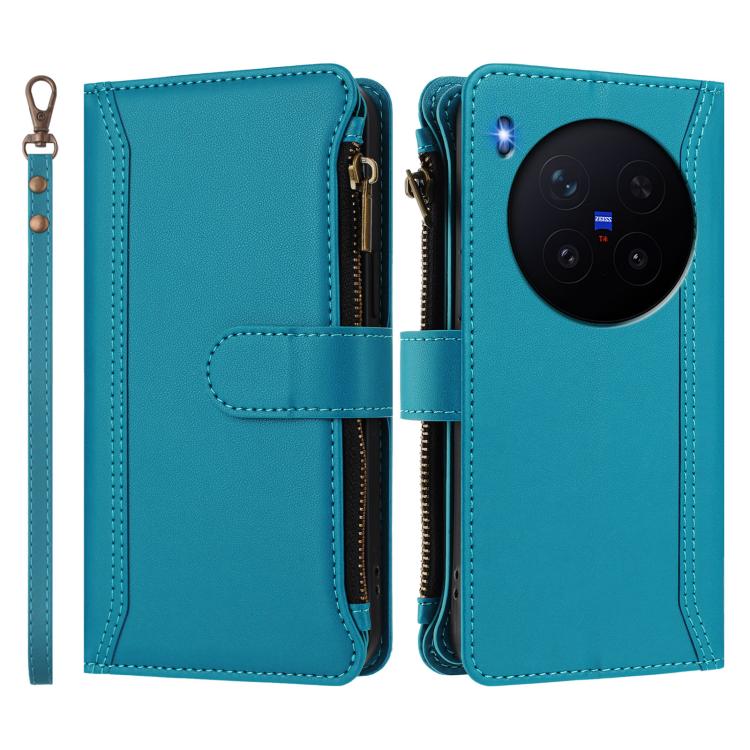 For vivo X300 Magnetic Closure 9 Card Slots Zipper Leather Case with Hand Strap