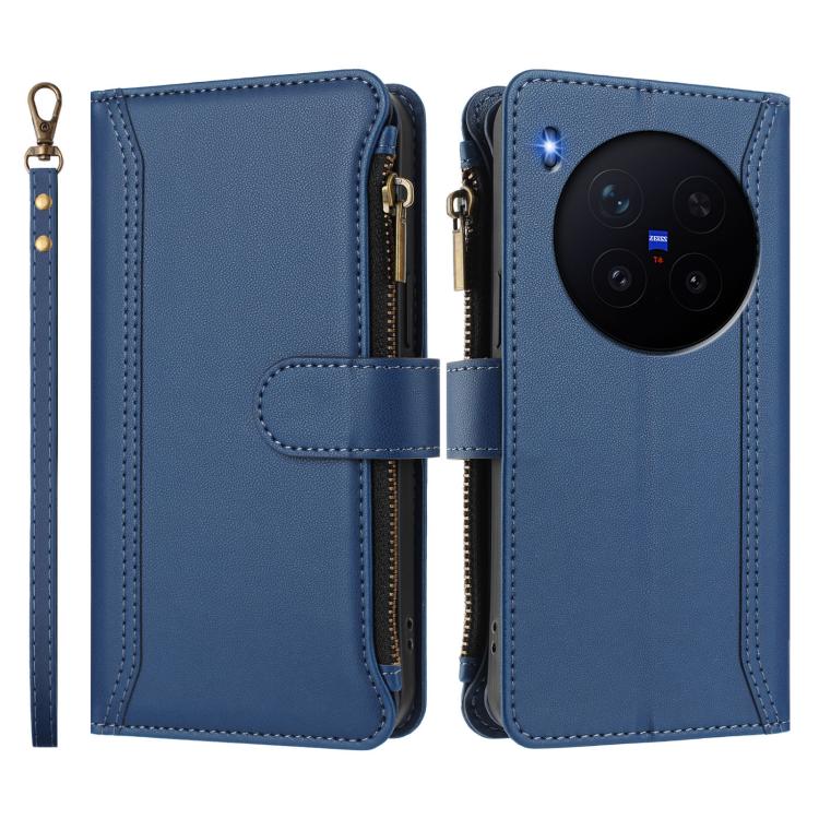 For vivo X300 Pro Magnetic Closure 9 Card Slots Zipper Leather Case with Hand Strap
