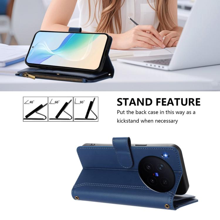 For vivo X300 Pro Magnetic Closure 9 Card Slots Zipper Leather Case with Hand Strap
