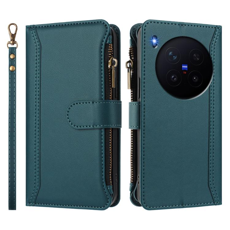 For vivo X300 Pro Magnetic Closure 9 Card Slots Zipper Leather Case with Hand Strap