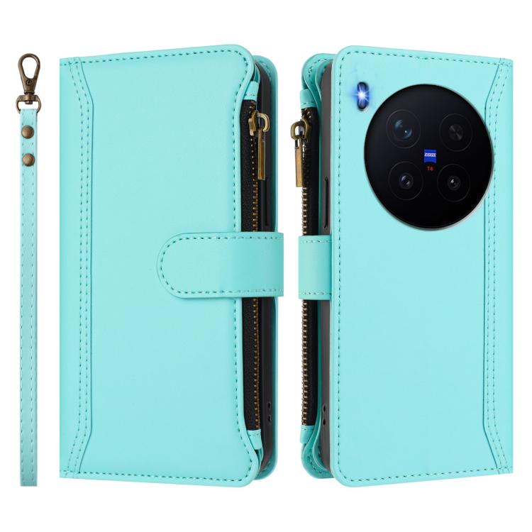 For vivo X300 Pro Magnetic Closure 9 Card Slots Zipper Leather Case with Hand Strap