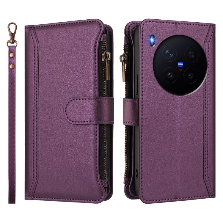 For vivo X300 Pro Magnetic Closure 9 Card Slots Zipper Leather Case with Hand Strap