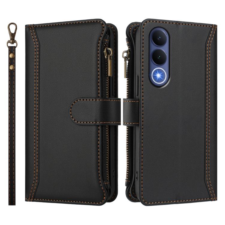 For vivo V70 FE 5G Magnetic Closure 9 Card Slots Zipper Leather Case with Hand Strap