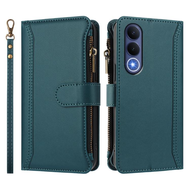 For vivo V70 FE 5G Magnetic Closure 9 Card Slots Zipper Leather Case with Hand Strap