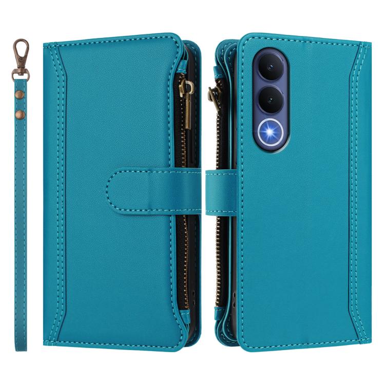 For vivo V70 FE 5G Magnetic Closure 9 Card Slots Zipper Leather Case with Hand Strap