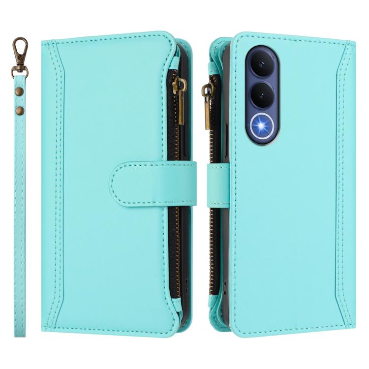 For vivo V70 FE 5G Magnetic Closure 9 Card Slots Zipper Leather Case with Hand Strap