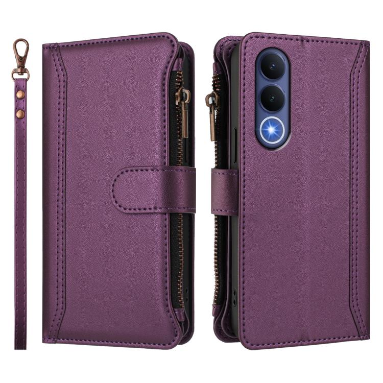 For vivo V70 FE 5G Magnetic Closure 9 Card Slots Zipper Leather Case with Hand Strap