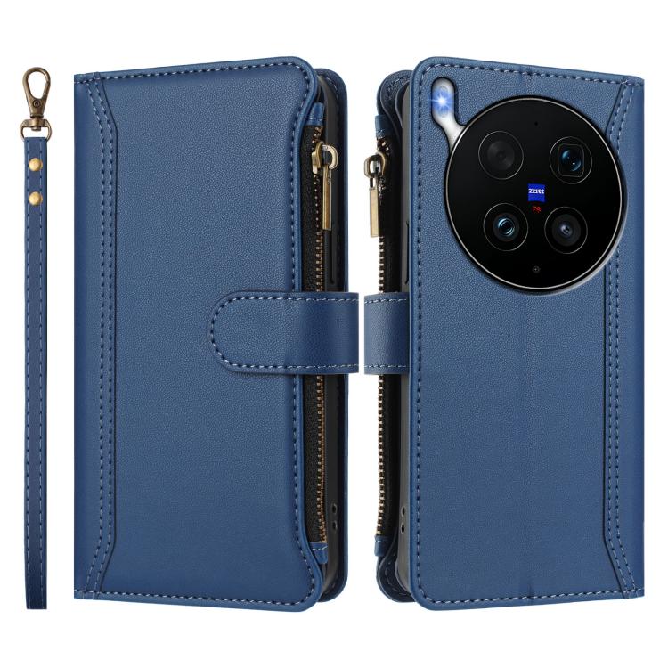 For vivo X300 Ultra Magnetic Closure 9 Card Slots Zipper Leather Case with Hand Strap