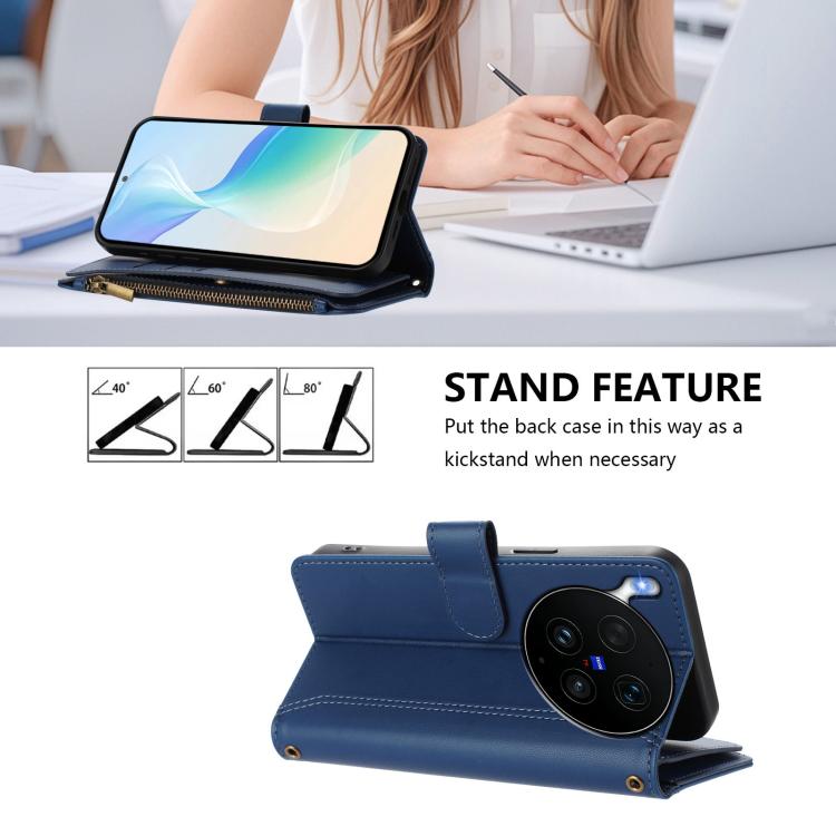 For vivo X300 Ultra Magnetic Closure 9 Card Slots Zipper Leather Case with Hand Strap