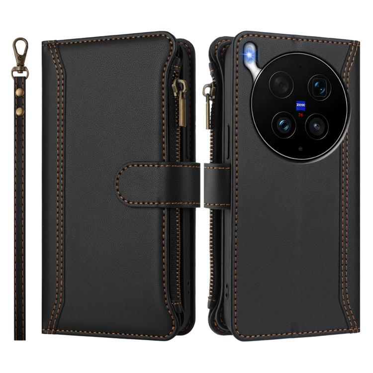 For vivo X300 Ultra Magnetic Closure 9 Card Slots Zipper Leather Case with Hand Strap