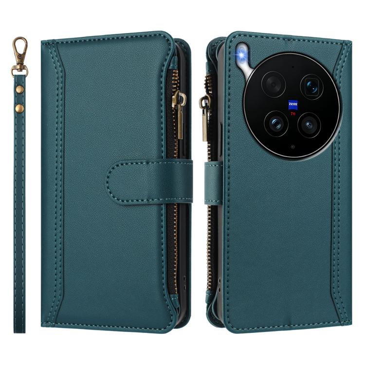 For vivo X300 Ultra Magnetic Closure 9 Card Slots Zipper Leather Case with Hand Strap
