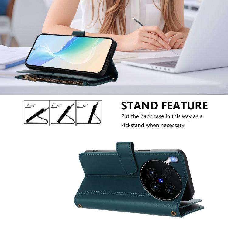 For vivo X300 Ultra Magnetic Closure 9 Card Slots Zipper Leather Case with Hand Strap