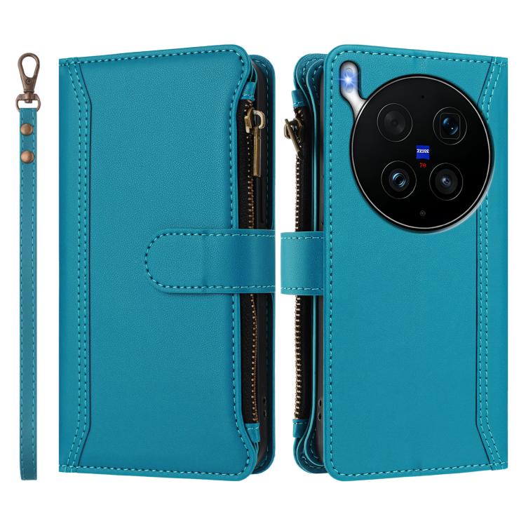 For vivo X300 Ultra Magnetic Closure 9 Card Slots Zipper Leather Case with Hand Strap
