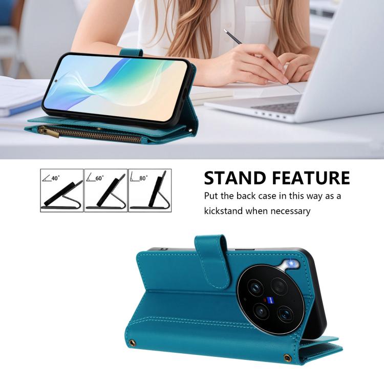 For vivo X300 Ultra Magnetic Closure 9 Card Slots Zipper Leather Case with Hand Strap
