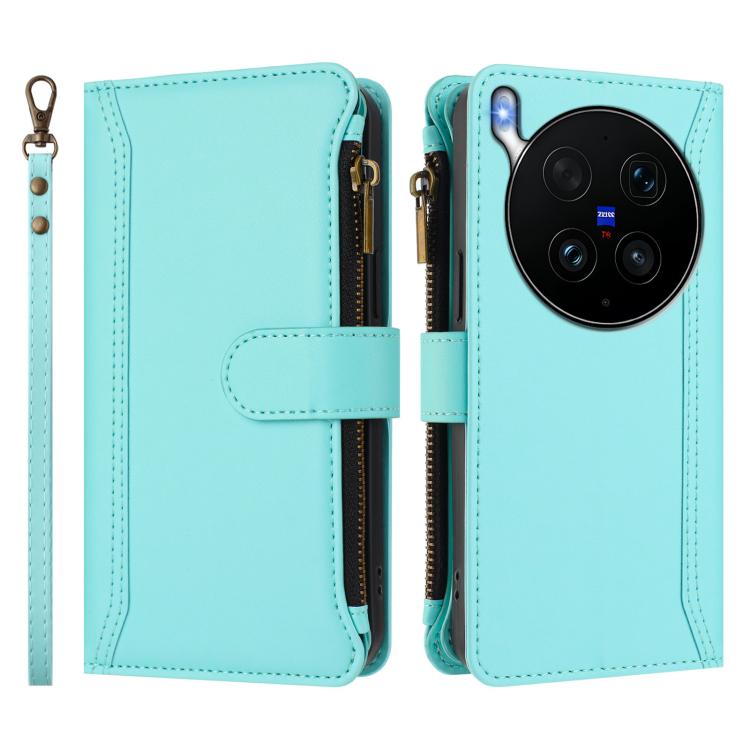 For vivo X300 Ultra Magnetic Closure 9 Card Slots Zipper Leather Case with Hand Strap