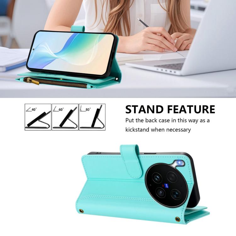 For vivo X300 Ultra Magnetic Closure 9 Card Slots Zipper Leather Case with Hand Strap