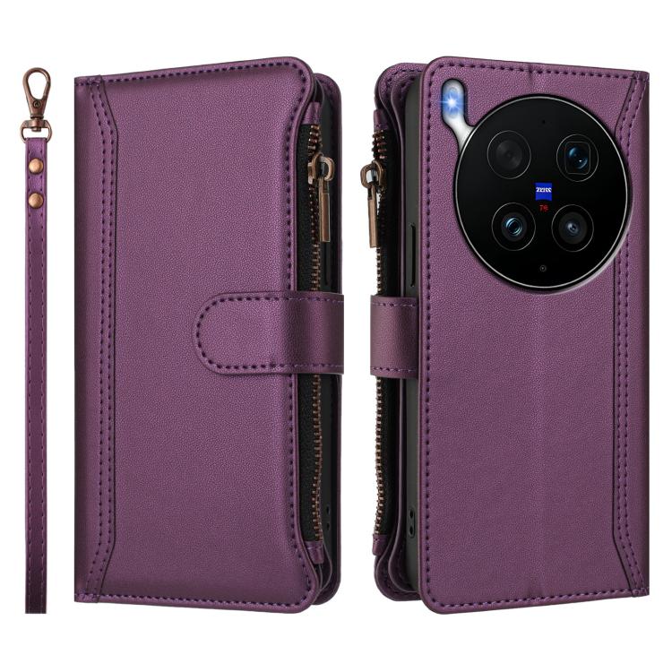 For vivo X300 Ultra Magnetic Closure 9 Card Slots Zipper Leather Case with Hand Strap