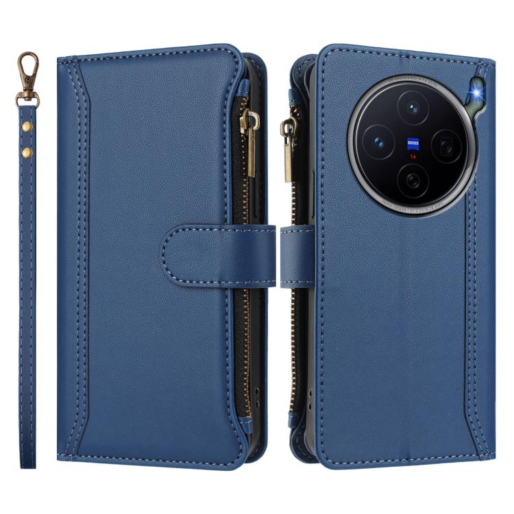 For vivo X300s Magnetic Closure 9 Card Slots Zipper Leather Case with Hand Strap