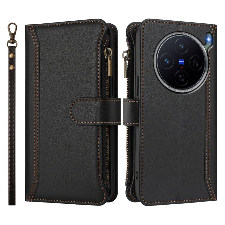 For vivo X300s Magnetic Closure 9 Card Slots Zipper Leather Case with Hand Strap