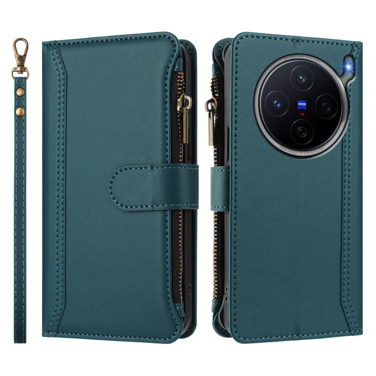 For vivo X300s Magnetic Closure 9 Card Slots Zipper Leather Case with Hand Strap