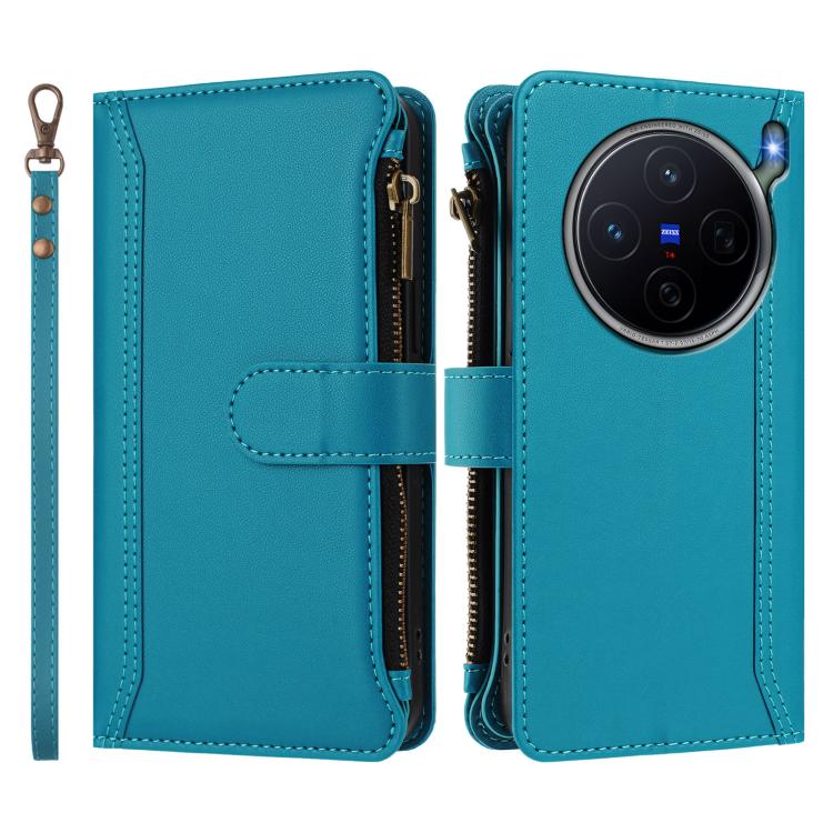 For vivo X300s Magnetic Closure 9 Card Slots Zipper Leather Case with Hand Strap