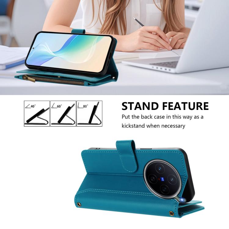 For vivo X300s Magnetic Closure 9 Card Slots Zipper Leather Case with Hand Strap