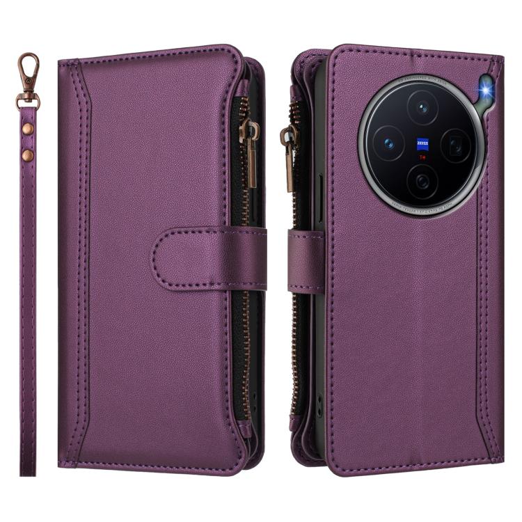 For vivo X300s Magnetic Closure 9 Card Slots Zipper Leather Case with Hand Strap