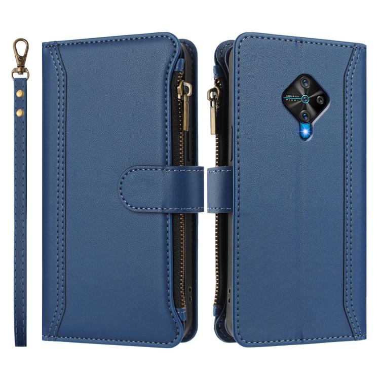 For vivo Y53S 4G / Y51A 2021 / Y33 4G 2021 Magnetic Closure 9 Card Slots Zipper Leather Case with Hand Strap