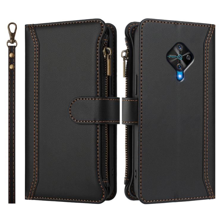 For vivo Y53S 4G / Y51A 2021 / Y33 4G 2021 Magnetic Closure 9 Card Slots Zipper Leather Case with Hand Strap