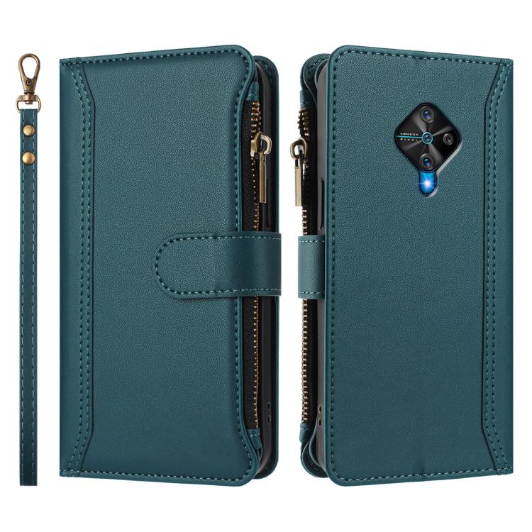 For vivo Y53S 4G / Y51A 2021 / Y33 4G 2021 Magnetic Closure 9 Card Slots Zipper Leather Case with Hand Strap