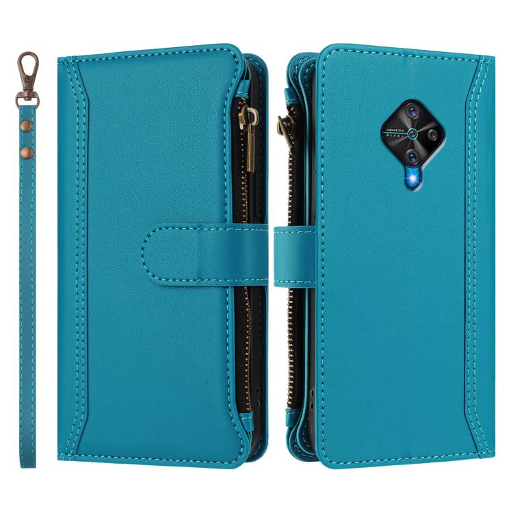 For vivo Y53S 4G / Y51A 2021 / Y33 4G 2021 Magnetic Closure 9 Card Slots Zipper Leather Case with Hand Strap