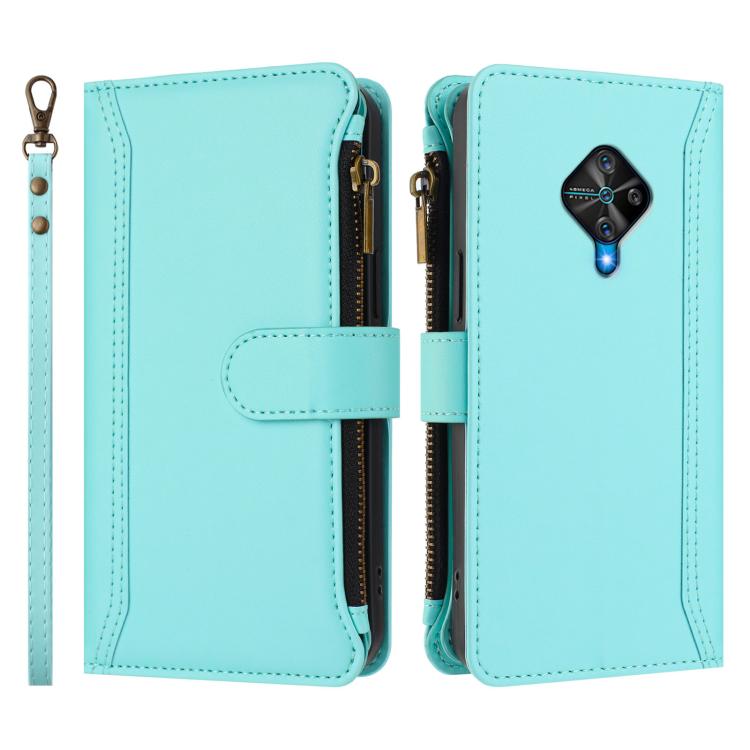 For vivo Y53S 4G / Y51A 2021 / Y33 4G 2021 Magnetic Closure 9 Card Slots Zipper Leather Case with Hand Strap