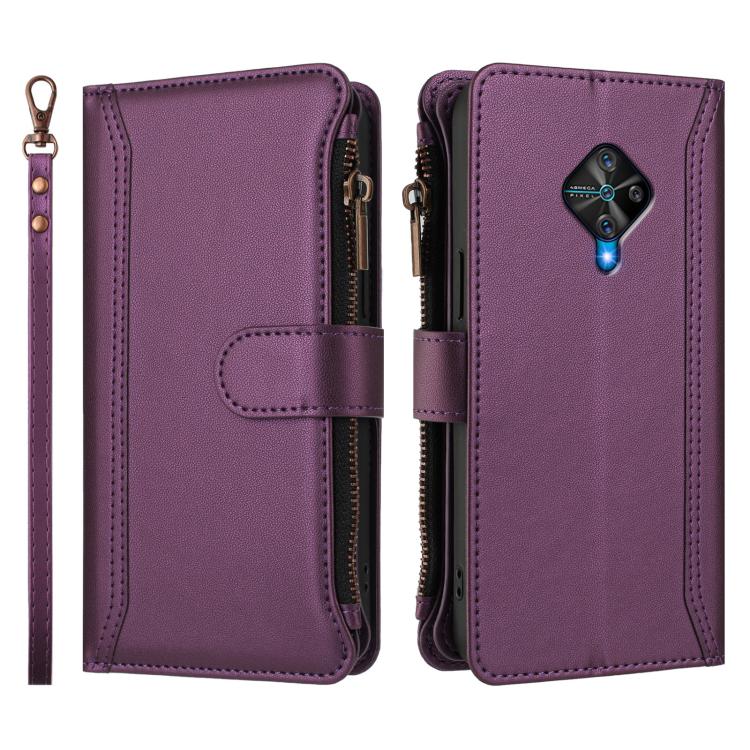For vivo Y53S 4G / Y51A 2021 / Y33 4G 2021 Magnetic Closure 9 Card Slots Zipper Leather Case with Hand Strap