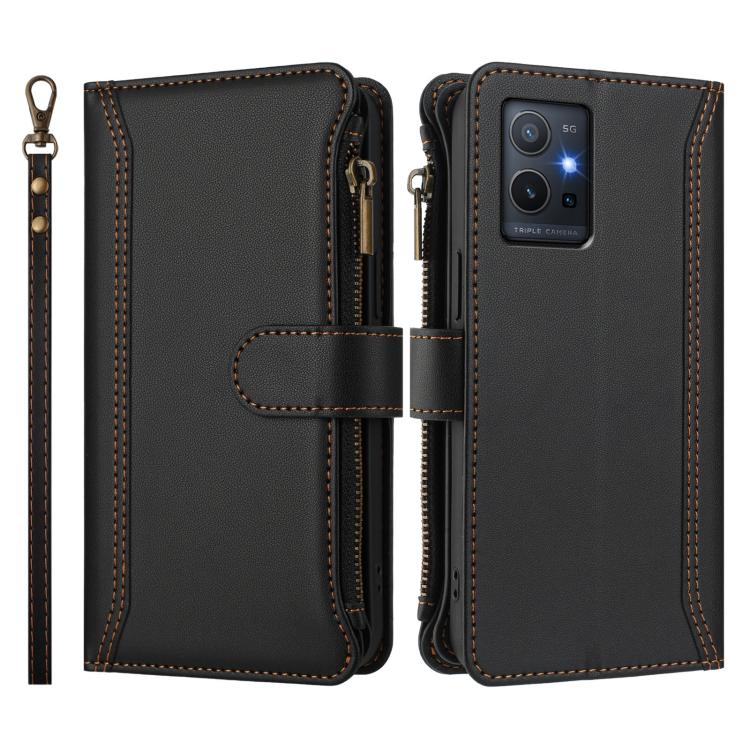 For vivo Y55S 2023 5G / Y55 5G Global Magnetic Closure 9 Card Slots Zipper Leather Case with Hand Strap