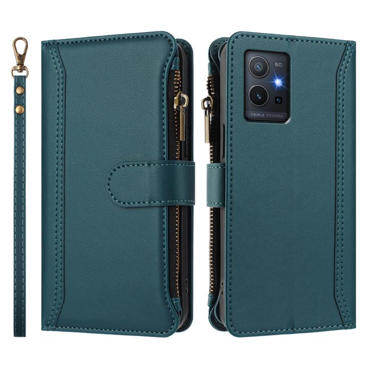 For vivo Y55S 2023 5G / Y55 5G Global Magnetic Closure 9 Card Slots Zipper Leather Case with Hand Strap